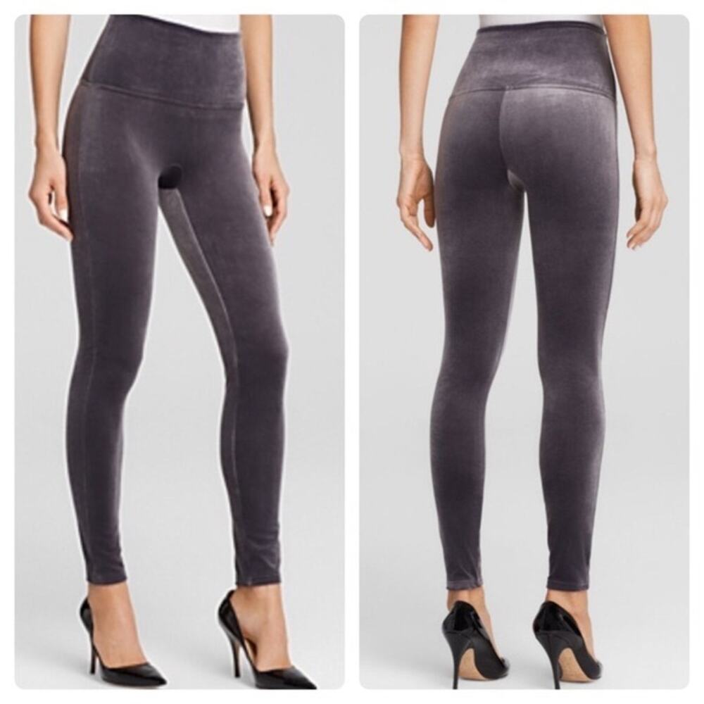 Spanx Velvet Leggings Large Dark Gray High Rise Ankle Velour Slimming Leisure